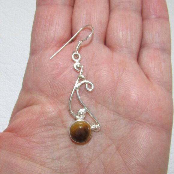 Silver Tiger Eye Stone Scroll Earrings - Picture 3 of 3